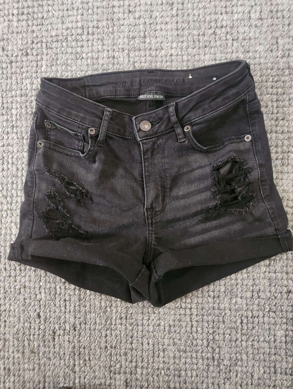 American Eagle Outfitters Black Ripped Roll-Hem Denim Shorts